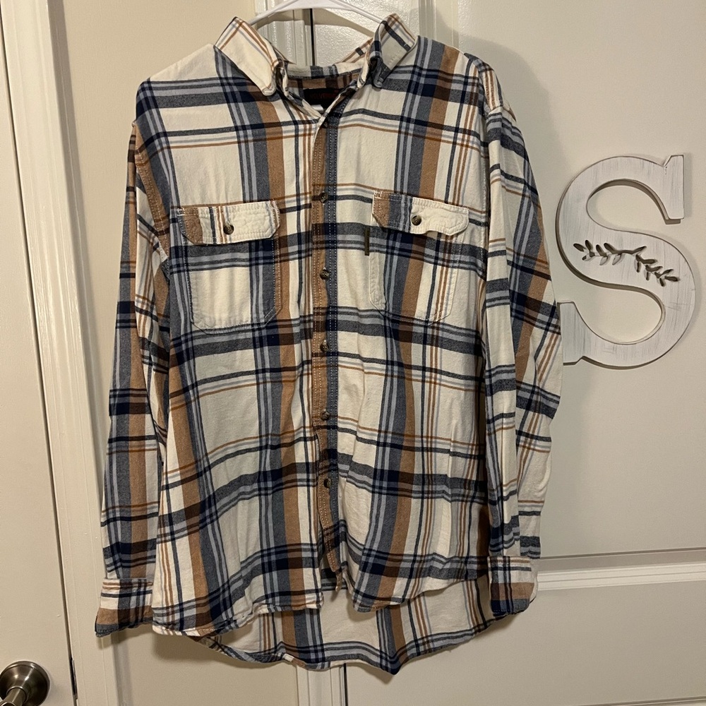 Wolverine Men's Casual Plaid Shirt - Navy, Tan, and White